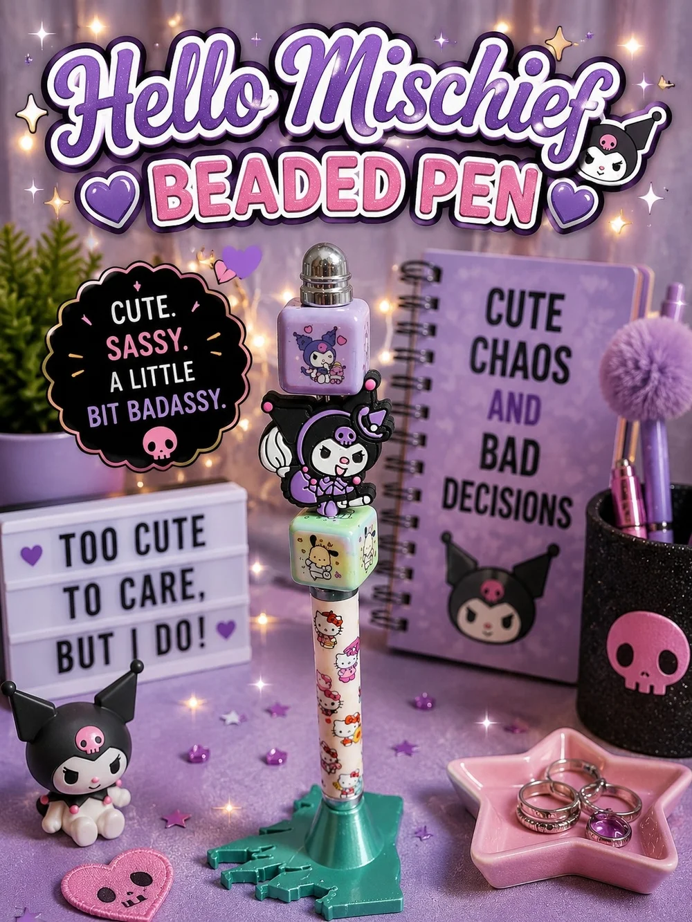 Hello Mischief Purple Beaded Kids Pen